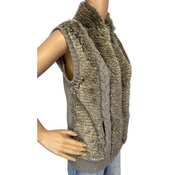 Fuda Faux Fur Cable Knit Vest Tan Brown Full Zip Size S - Picture 3 of 9
